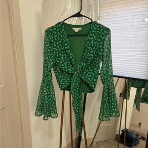 Urban Outfitters Green Floral Bell Sleeve Blouse